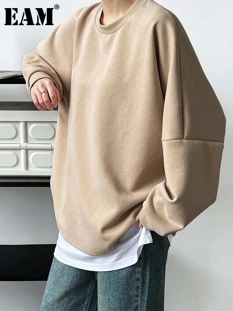 [EAM] Apricot Casual Shaped  Sweatshirt New Round Neck Long Sleeve Women Big Size Fashion Tide Spring Autumn 2023 1DH6668