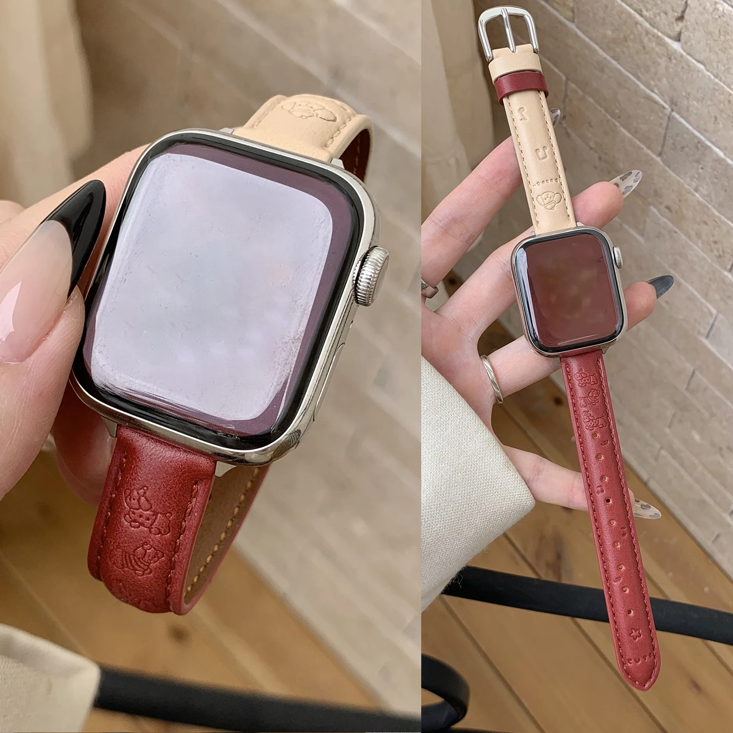 Printed and Color-Patterned Genuine Leather Strap for Apple Watch 46/45/44/42-40mm Girl's watch strap for iWatch Series S11 S10