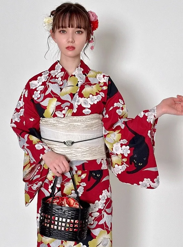 

Japanese Women's Yukata Kimono Set - Traditional Formal Style Polyester Two-Piece Outfit for Firework Festival, Cat Print