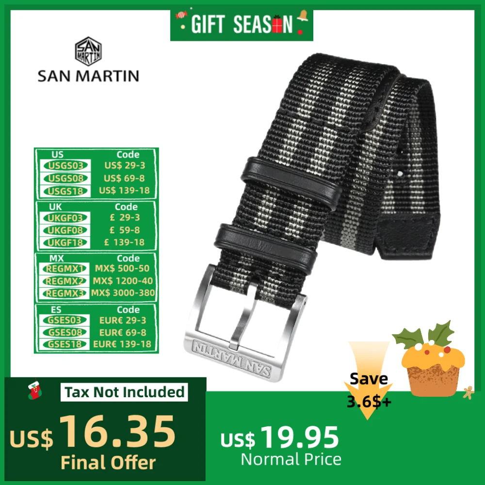 San Martin Watch Band One Piece 20mm Nylon Strap Solid 316L Stainless Steel Logo Pin Buckle Leather Loop Retro Military SN0105