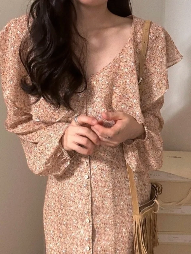 Vestido e Vintage con estampado Floral para primavera y otoño, vestido adeazante con cuello de volantes para mujer, ...