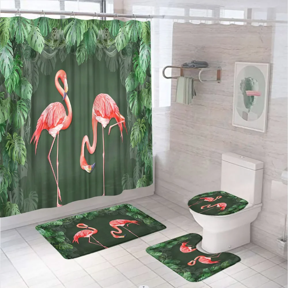 Flamingo Green Jungle Leaves Shower Curtains Sets For Bathroom Decor Accessories Parrot Palm Tree Rug Bath Mat Toilet Lid Cover