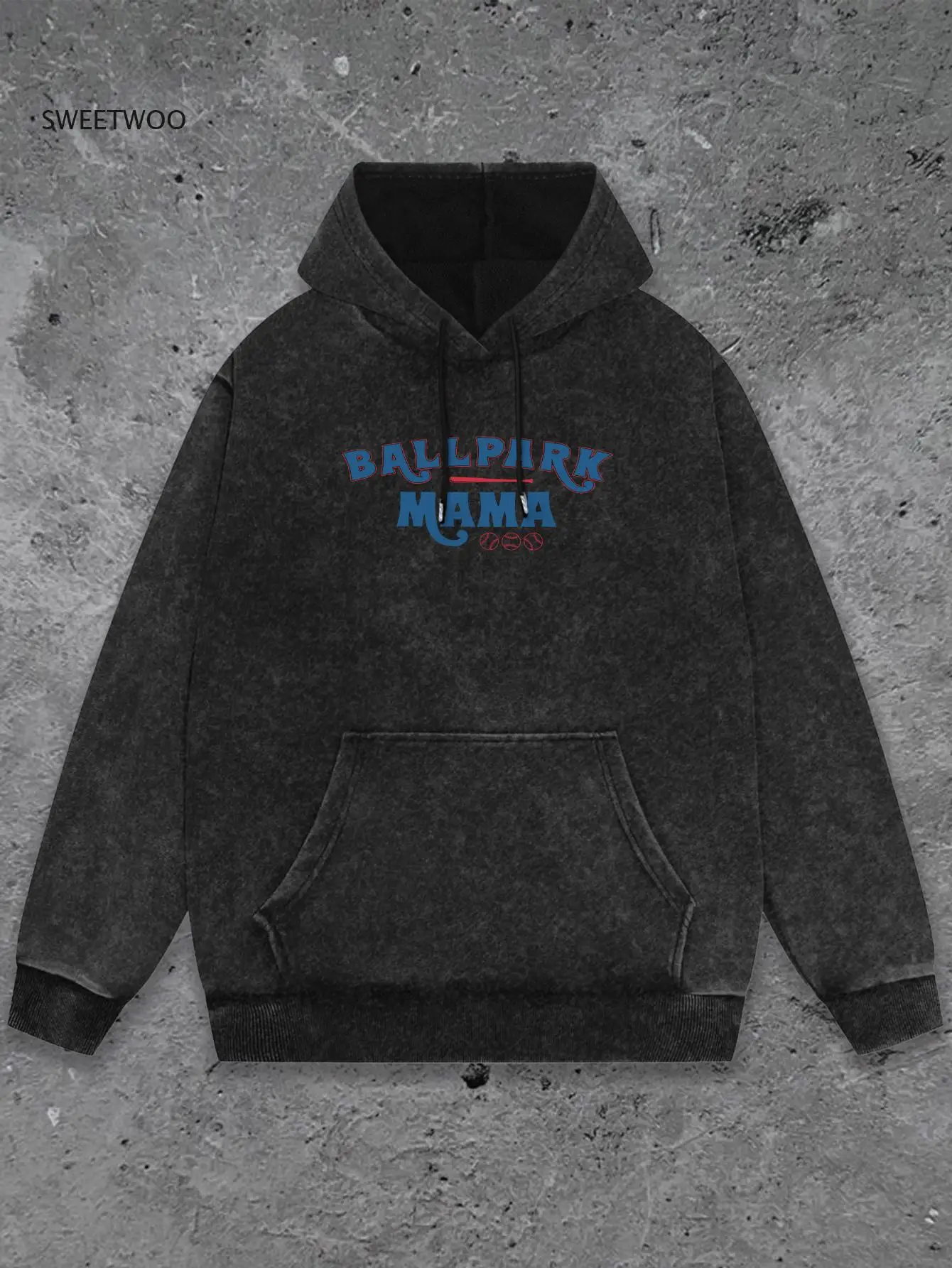 

Women's Retro Washed Hoodie with Ballpark Mama & 1980s Graphic Print - Hip-Hop Vintage Pullover, Soft Washed Texture