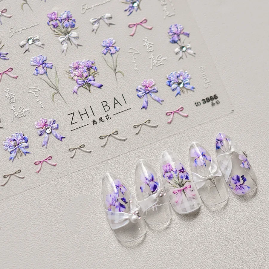 1pcs 5D Exquisite Kawaii Wisteria Flower Nail Art Stickers Purple Flower Bow Nail Decoration Slider Decal Adhesive Transfer Part