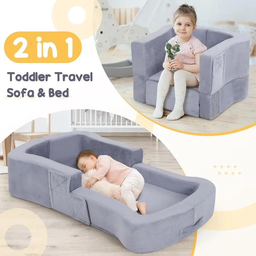 سرير سفر، كرسي أريكة سرير محمول قابل للطي 2 في 1، سرير أرضية ناعم للأطفال الصغار مع أغطية قابلة للغسل، رافعة إسفنجية آمنة