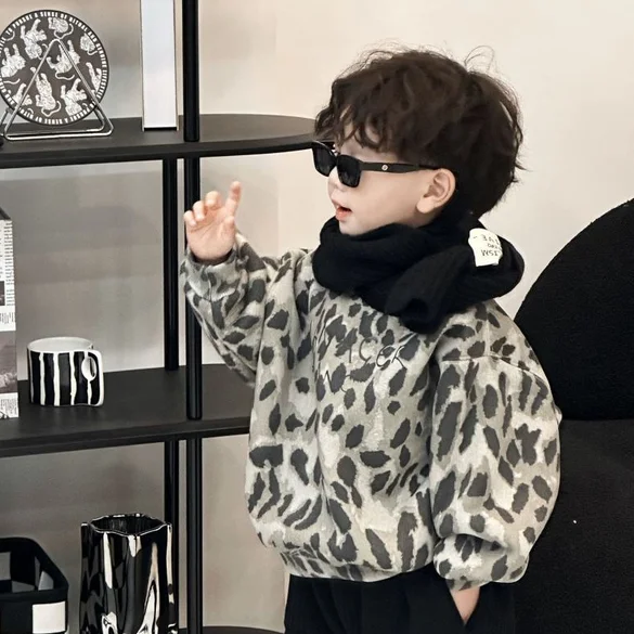 Baby Boys Children Christmas Leopard print Suits Sportwear Winter Kids Fashion Warm Plus Velvet Top Coat+Loose Pants 2Pcs Sets