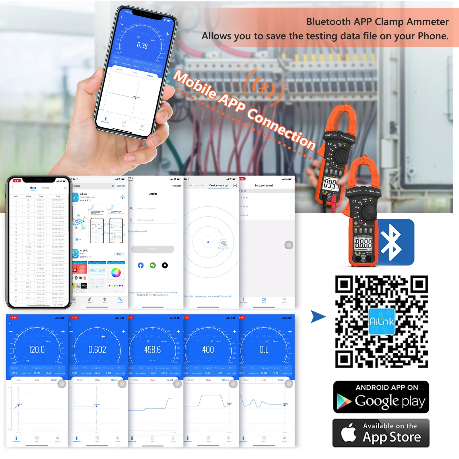 Bluetooth Clamp Meter TRMS 6000 Counts, Auto Range Digital Multimeter with NCV, Backlit LCD, Data Hold, Measures AC/DC Amp Volt