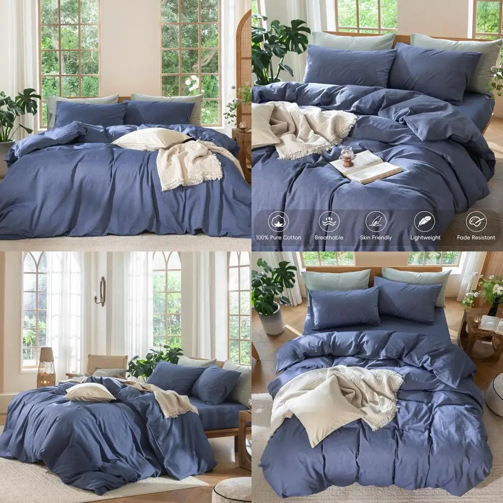 

100% Cotton Linen Texture Duvet Cover Set - Breathable, Durable, Soft Comfort for King Size Beds (Heathered Blue, 104x90)