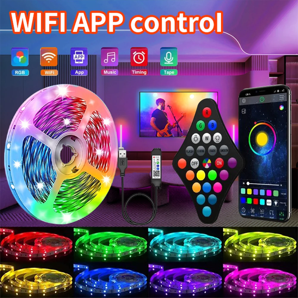 

WIFI Bluetooth APP USB Led Lights Strips 5050 RGB Flexible Tape TV Led Ribbon 1M-30M For Bedroom party