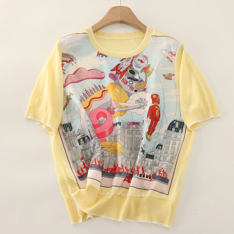 

Summer Round Neck Short Sleeve T Shirt Women Fashion Print knitted tops Slim Fit Casual Tees