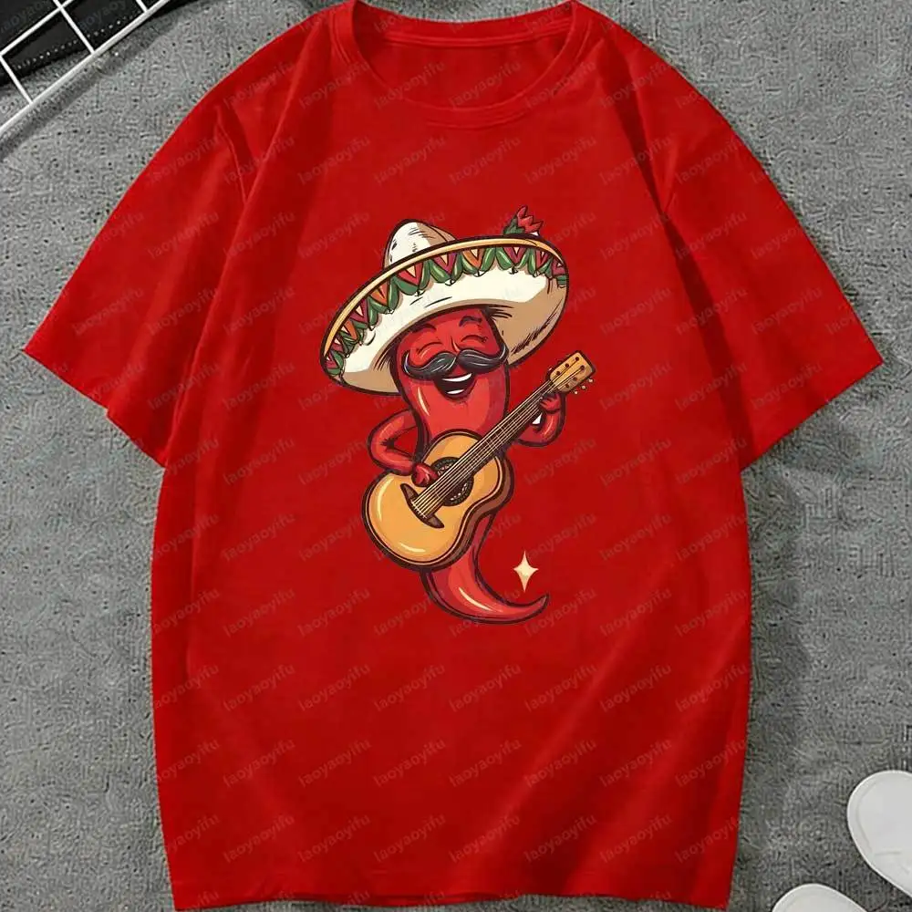 Cinco De Mayo Chili Pepper Playing Guitar T-Shirt Funny Mexican Sombrero Pepper Graphic Cotton Fiesta Party Shirt for Men Women