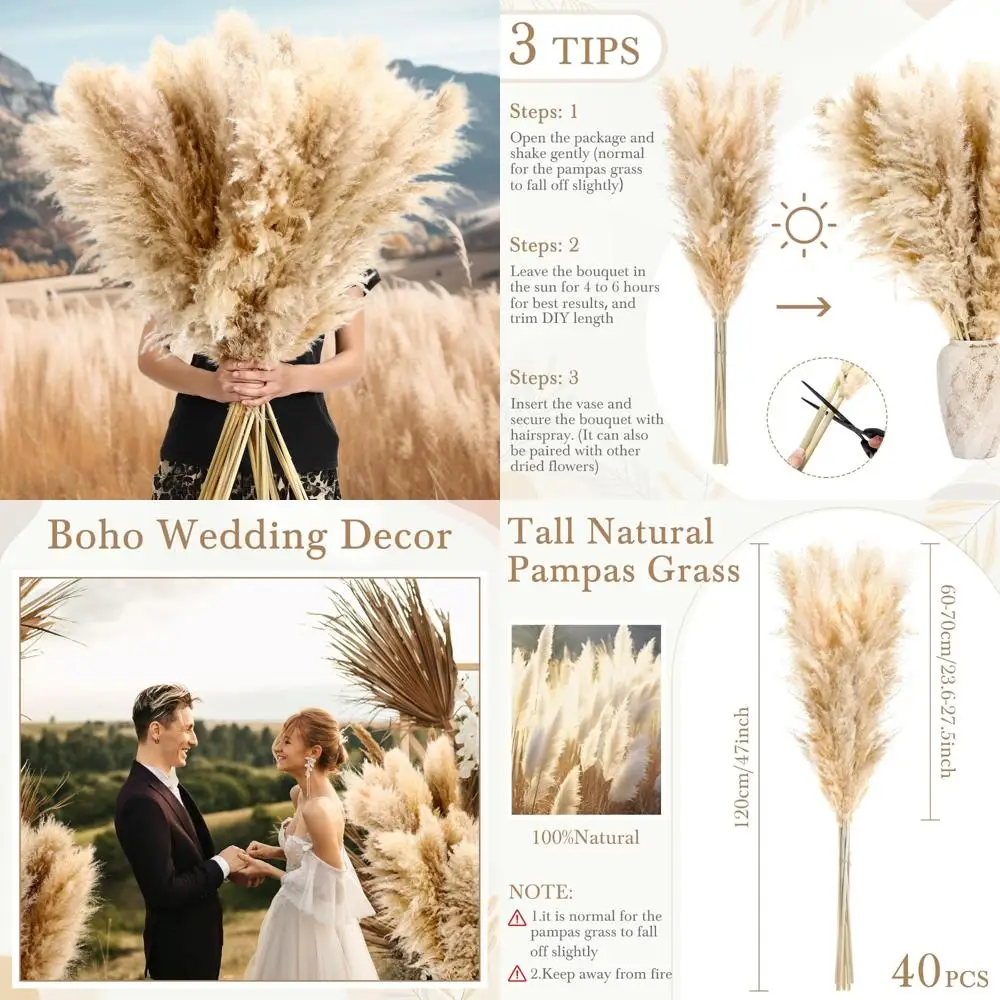 

40 Pcs 47 Inch Natural Beige Pampas Grass Decor Bulk, Fluffy Tall Dried Pampas Grass Bouquet for Floor Vase, Wedding Floral Arra