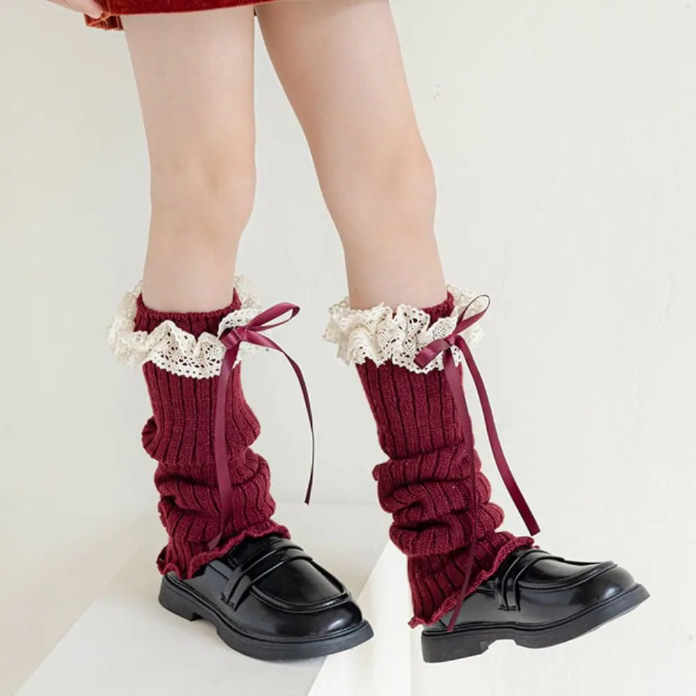 Harajuku Bow Ribbon Leg Warmers Solid Color Long Stockings Lolita Knitted Socks Sweet Kawaii Children's Foot Warmer Autumn