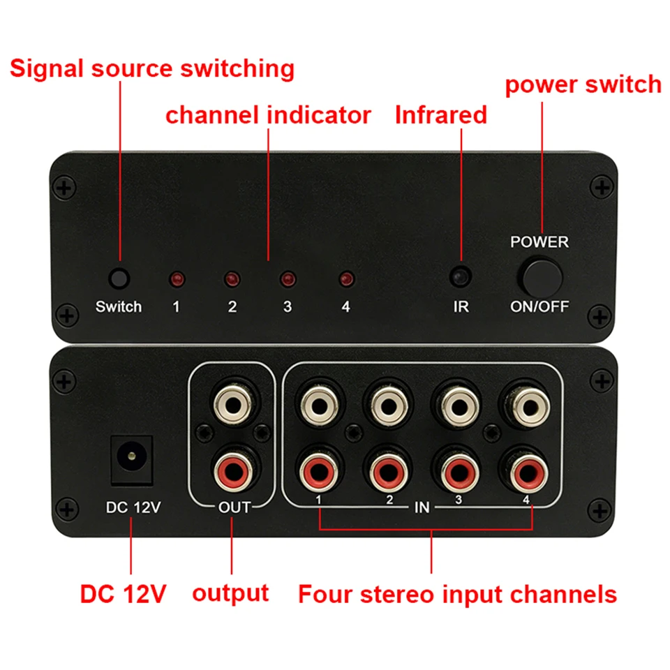 4CH Stereo Audio Switcher with IR Remote 4-in-1-out AV Signal Source Selector for CD Player Home Theater System