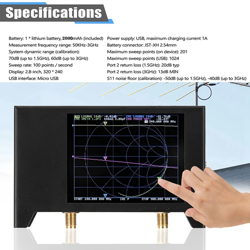 Nanovna V2 2.8 Inch Touch Screen 3G Vector Network Analyzer SAA2 Shortwave Antenna Analyzer  VHF UHF Network Analyzer Black