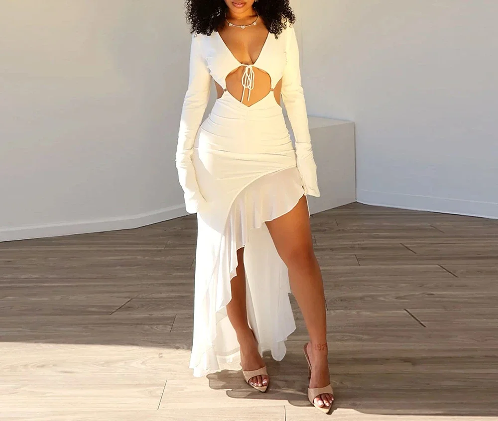 

Long Sleeved VDresses for Women New 2025 Summer Sexy Chest Hugging -neck Lace Up Long Skirt Irregular Bodycon Dress Streetwear
