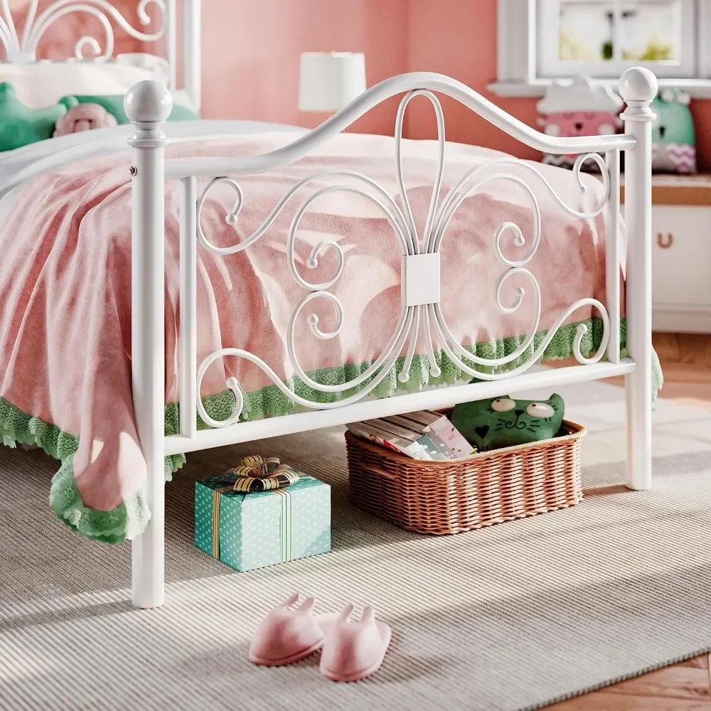 Twin Size Bett rahmen für Kinder, Metall bett rahmen mit Schmetterlings muster Design Kopfteil & Trittbrett, kein Box spring erforderlich