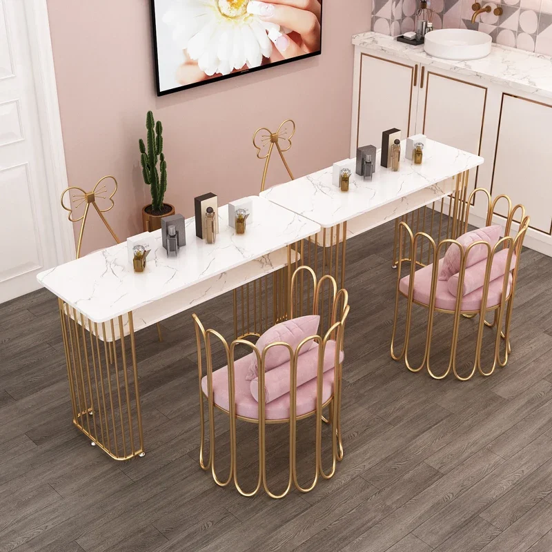 Marble Twin Nail Table and Chair Set Nail Table Iron Metal Double Layer Table