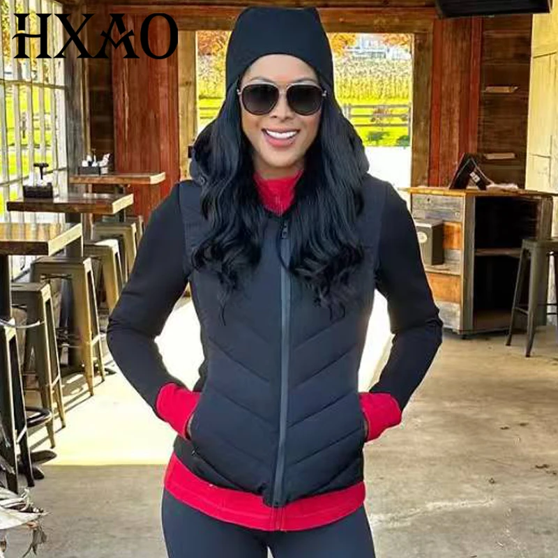

HXAO Women's Winter Jacket Black Fitted Jacket Women's Cropped Zip-Up Long Sleeve Hooded Coat Outdoor Lightweight Quilted Jacket