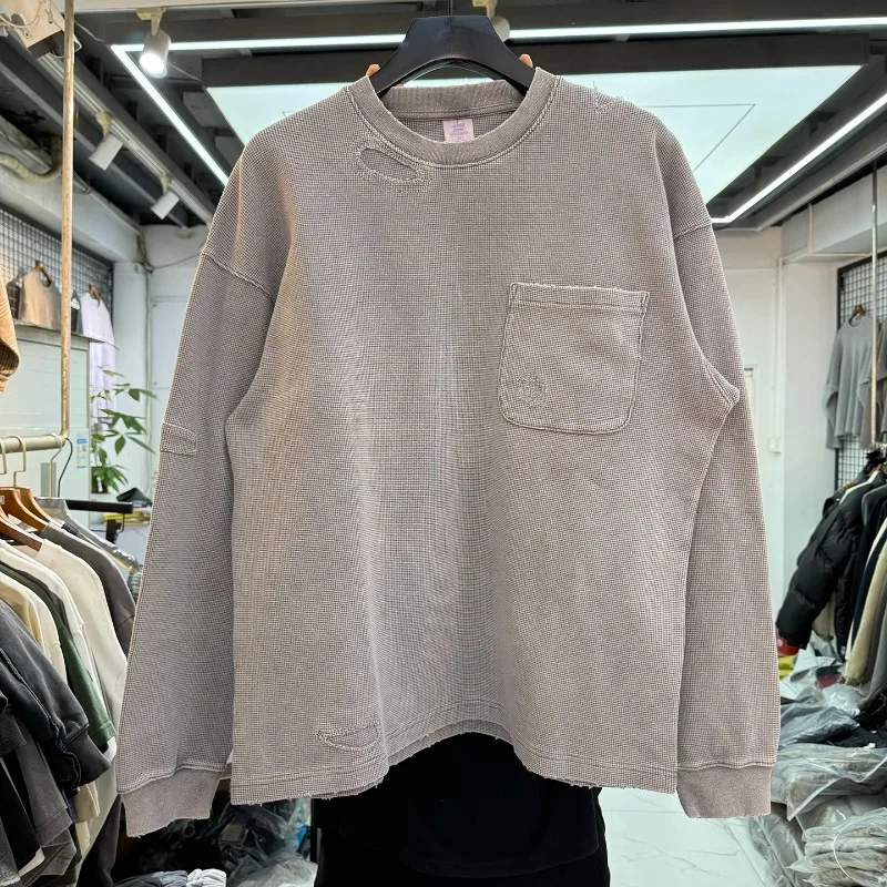 

American heavyweight solid color Waffle patch pocket loose casual long sleeved T-shirt retro washed worn tops men women