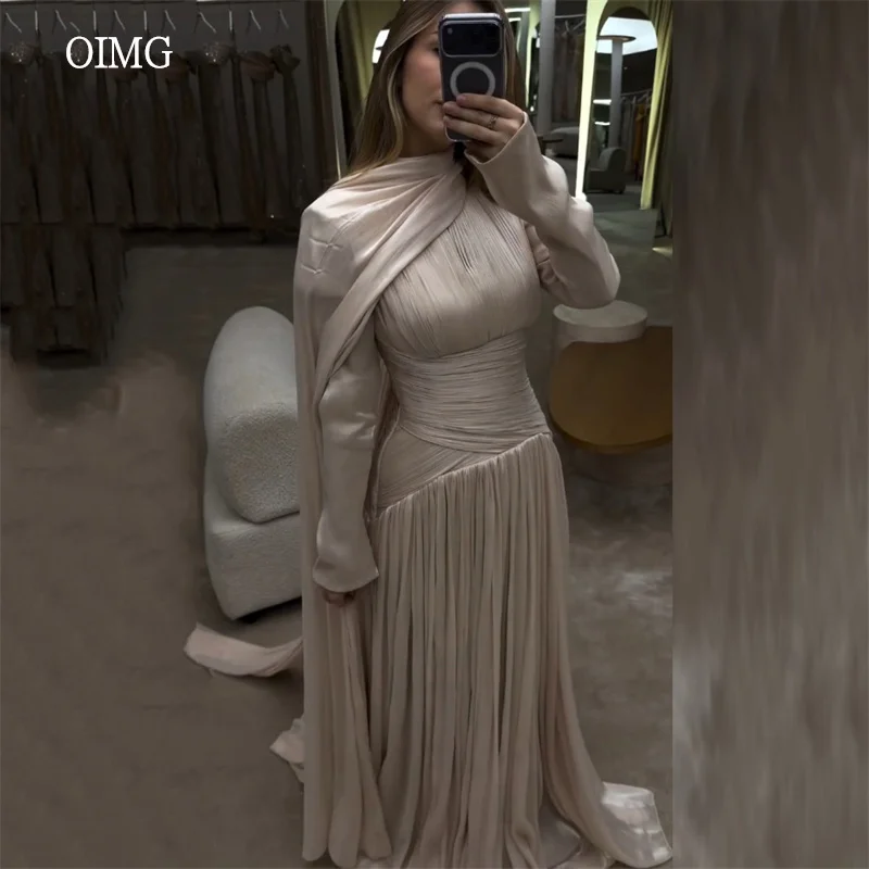 

OIMG Modest High Neck A Line Prom Gowns Shiny Long Sleeves Pleated Eid Party Gown Saudi Floor Length Evening Dress Customized
