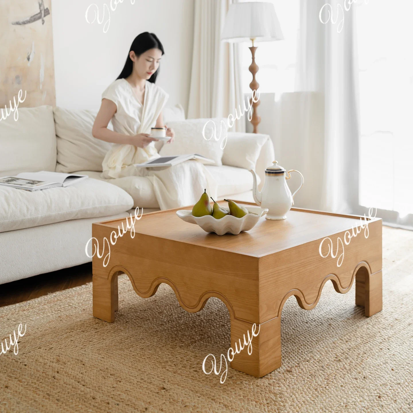 J French Retro Solid Wood Coffee Table Living Room Sofa Art Coffee Table Simple Square Small Low Table