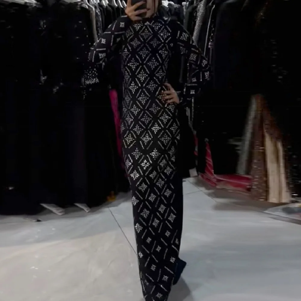 فستان سهرة نسائي شتوي 2025 مع تطريز حجر الراين، مشد، رقبة عالية، فستان طويل، Y2K جديد، فستان حفلات عالي الجودة