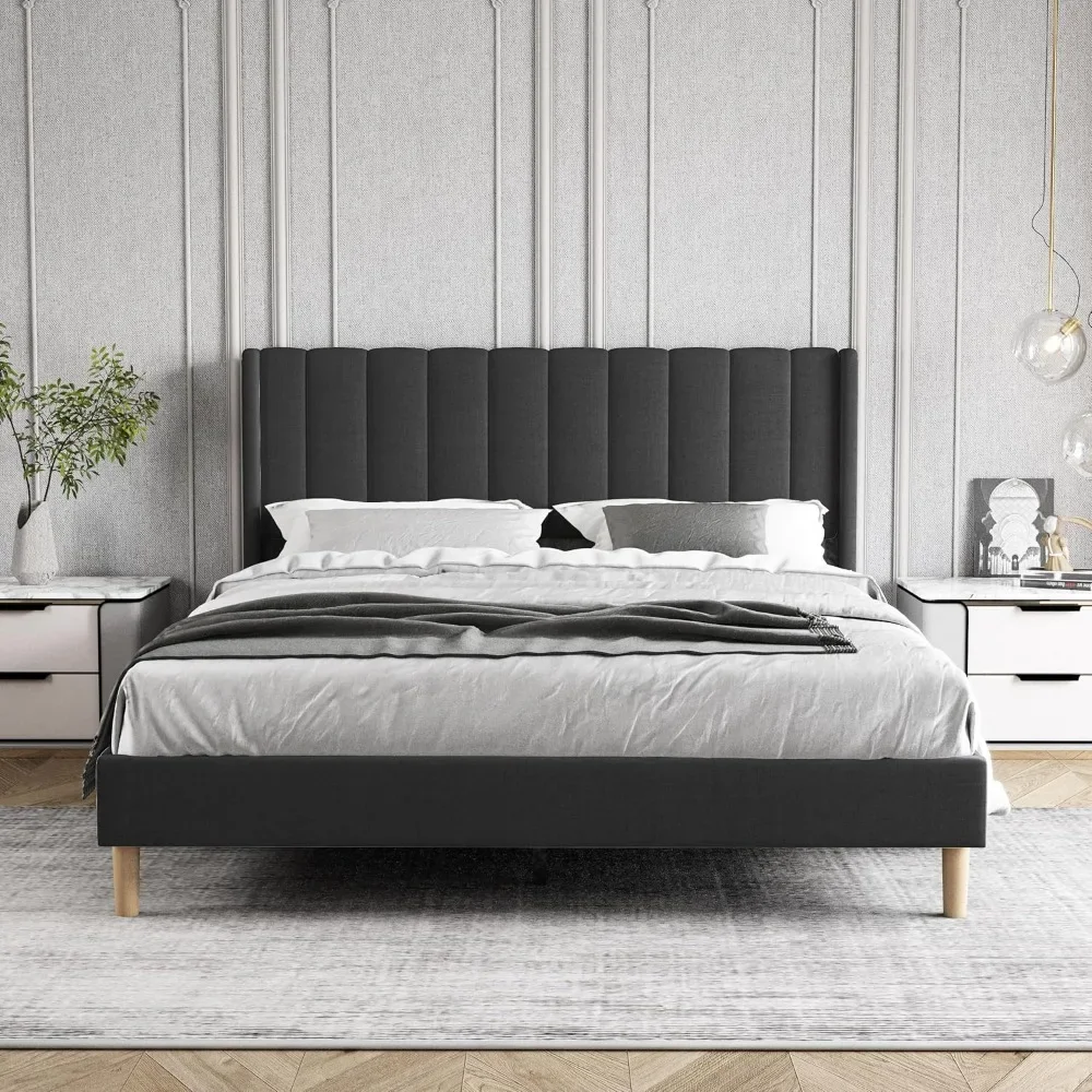 

bed.Upholstered Platform Bed Frame Queen Size with Headboard，Strong Wooden Slats Support No Box Spring Needed Easy Assembly