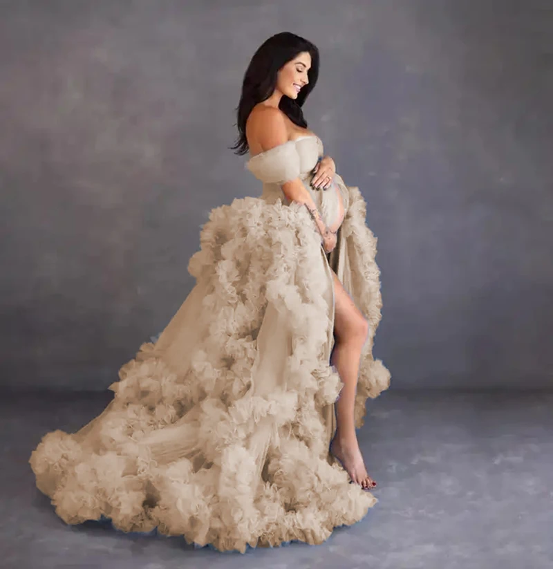 Vestido De Tul Para Sesión De Fotos De Maternidad – PIYAX Maxi Vestido Embarazo Encaje, Sirena, Hasta Los Tobillos (Color Natural)