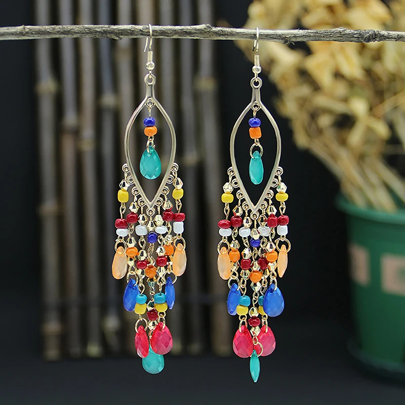 Bohemian Ethnic Style Long Earrings For Women Girls Vintage Colorful Crystal Tassel Dangle Drop Earrings Fashion Party Jewelry