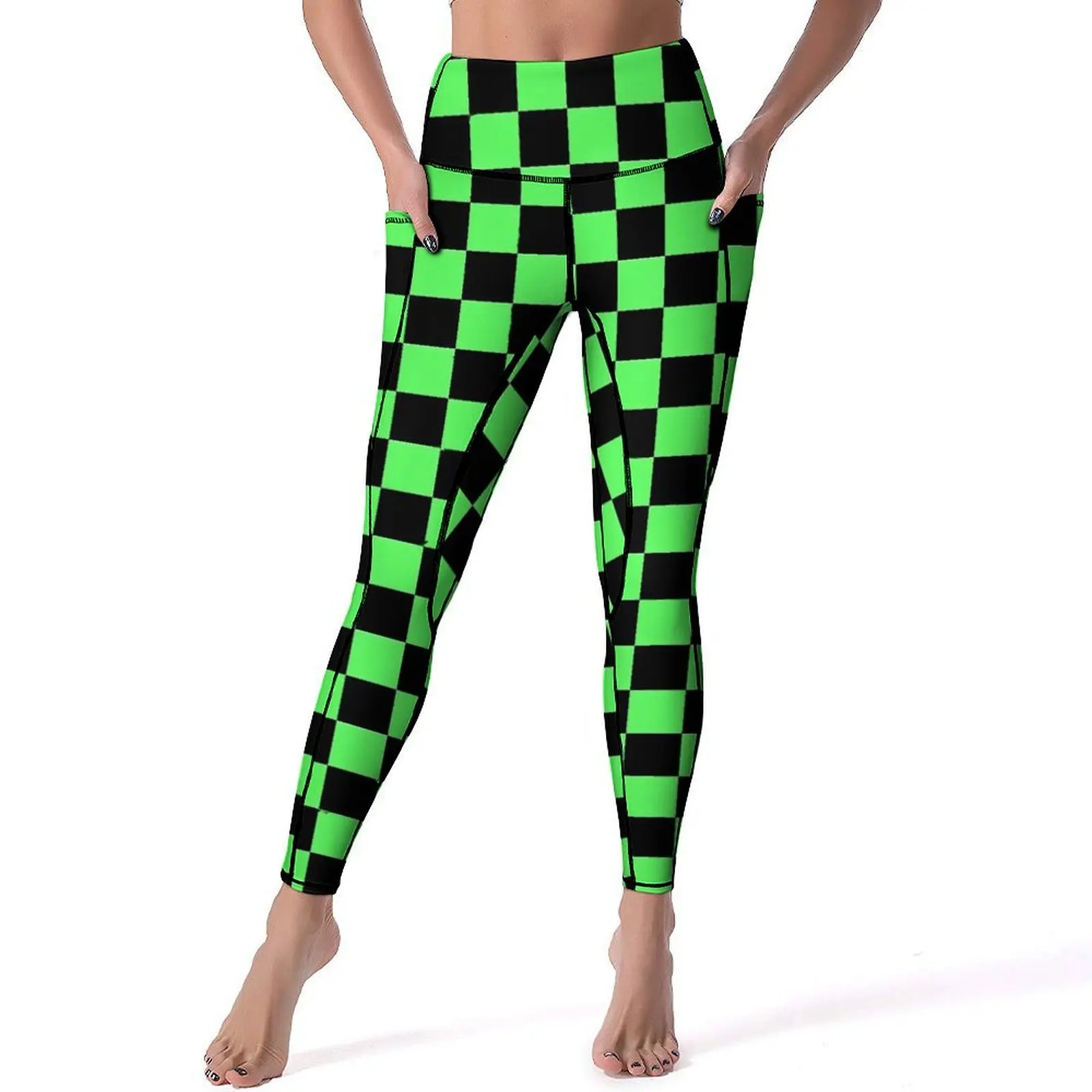 Check Print Leggings Sexy Black and Green Workout Gym Yoga Pants High Waist Quick-Dry Sport Legging Pockets Vintage Leggins