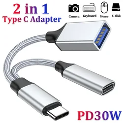 2 IN 1 USB C OTG Cable Adapter Type C to USB3.1 PD 30W Fast Charger Port with USB Female Splitter Adapter for Samsung Xiaomi