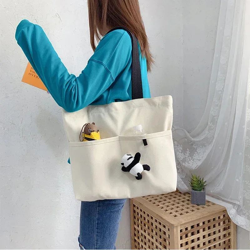 

Women Large Capacity Tote Bag Canvas Cotton Multi Pockets Shoulder Bags Preppy Firm Reusable College Grocery Shopping Holiday