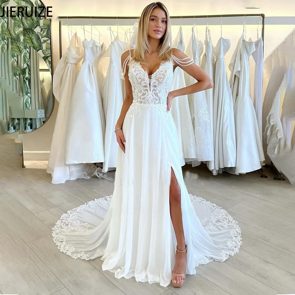 

Chiffon Sexy Boho Wedding Dresses Lace Appliques Sweep Train Backless Beach Bridal Gowns Deep V-neck Spaghetti Straps Side Slit