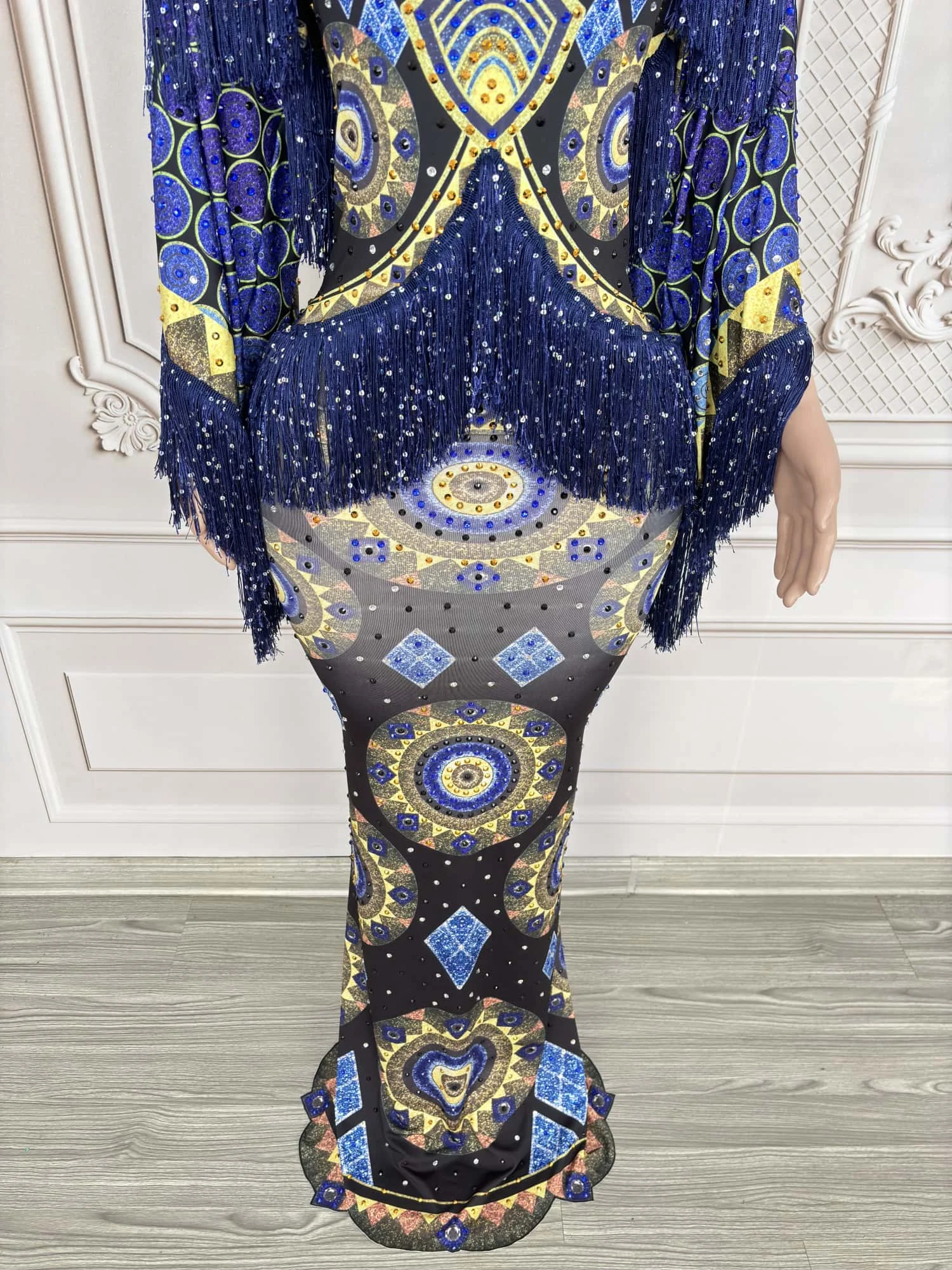 Clássico sexy impressão high-end vestido de noite borla elastano apertado encaixe vestido longo aniversário celebrar festa roupa chengbao