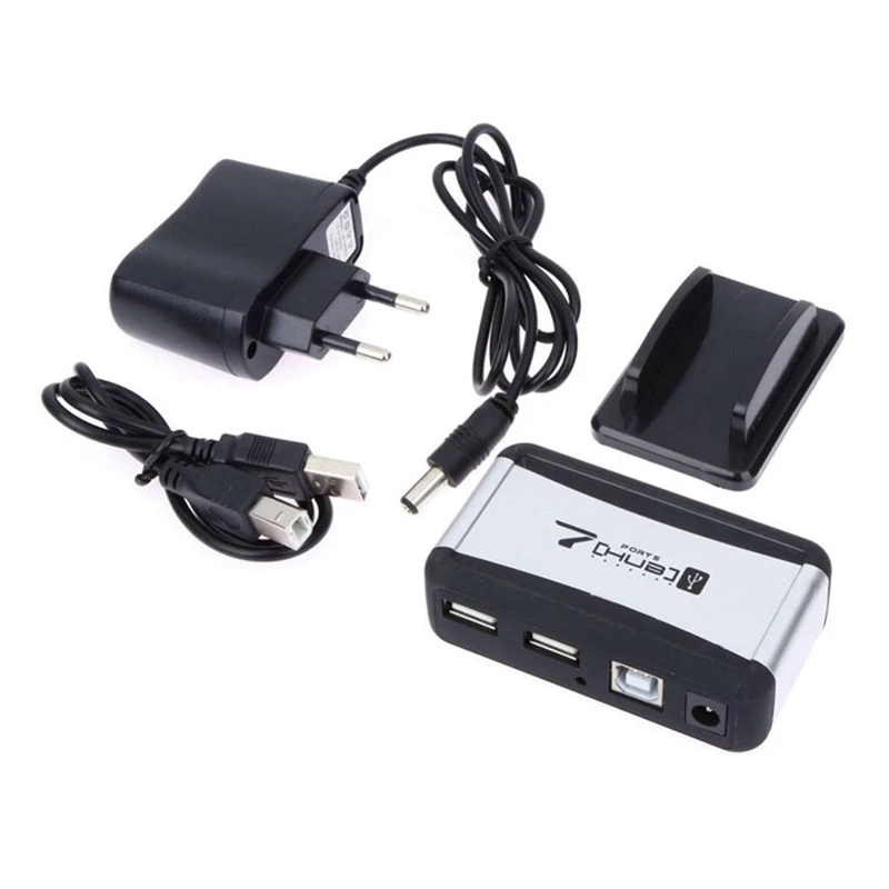 2X Eu Plug External Hub 7 USB 2.0 Ports With Multi-Socket Power Supply Slot For Notebook Pc Mac