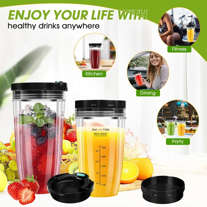 Blender Vervangende Onderdelen Voor Ninja, 32Oz & 24Oz Ninja Blender Cups Vervanging Met To-Go Deksels En 7-vins Afzuigmes