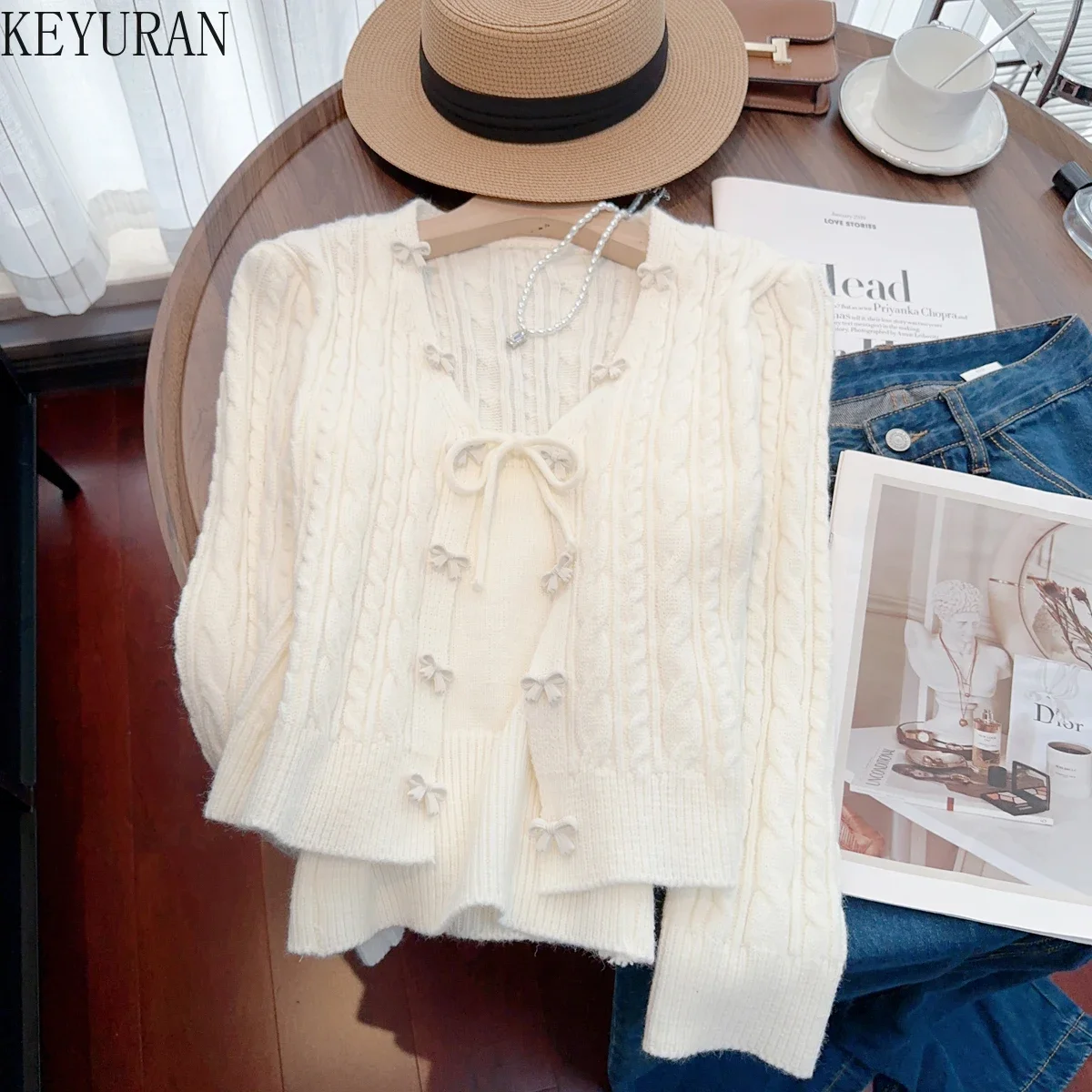 Autumn Winter Vintage Twists Sweater Set Women Gentle Wind Bow Tie Button O-neck Long Sleeve Knitted Cardigan and Vest Tops Suit