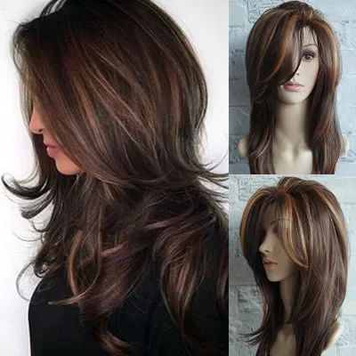 WHIMSICAL W Long Natural Wave  Wigs For Women Ombre Brown Mixed Color Heat Resistant Hair Synthetic Wig