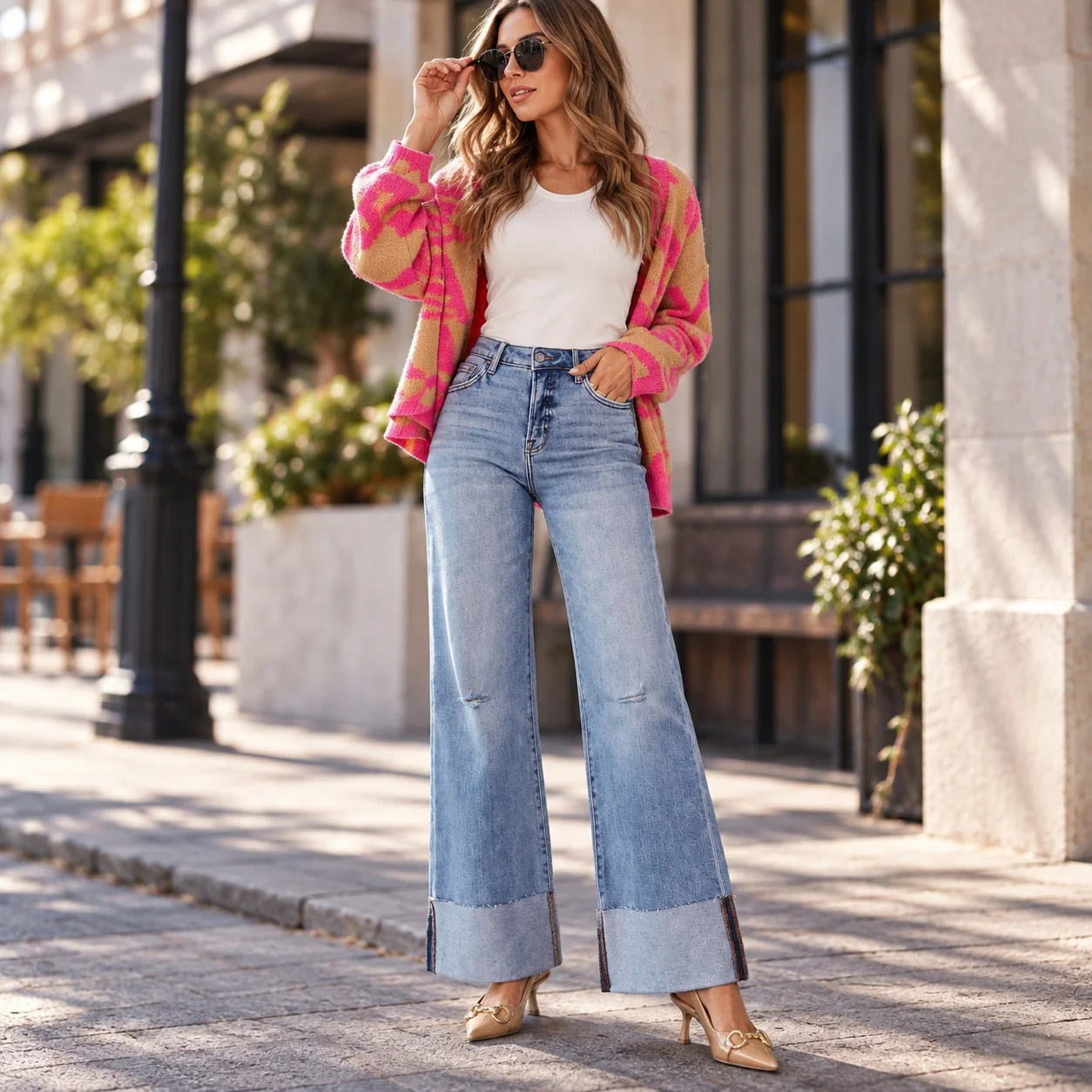 Ripped Distressed Jeans Wide Leg Streetwear with Washed Finish Edgy Street Full Length Straight Leg High Waist Women Pants