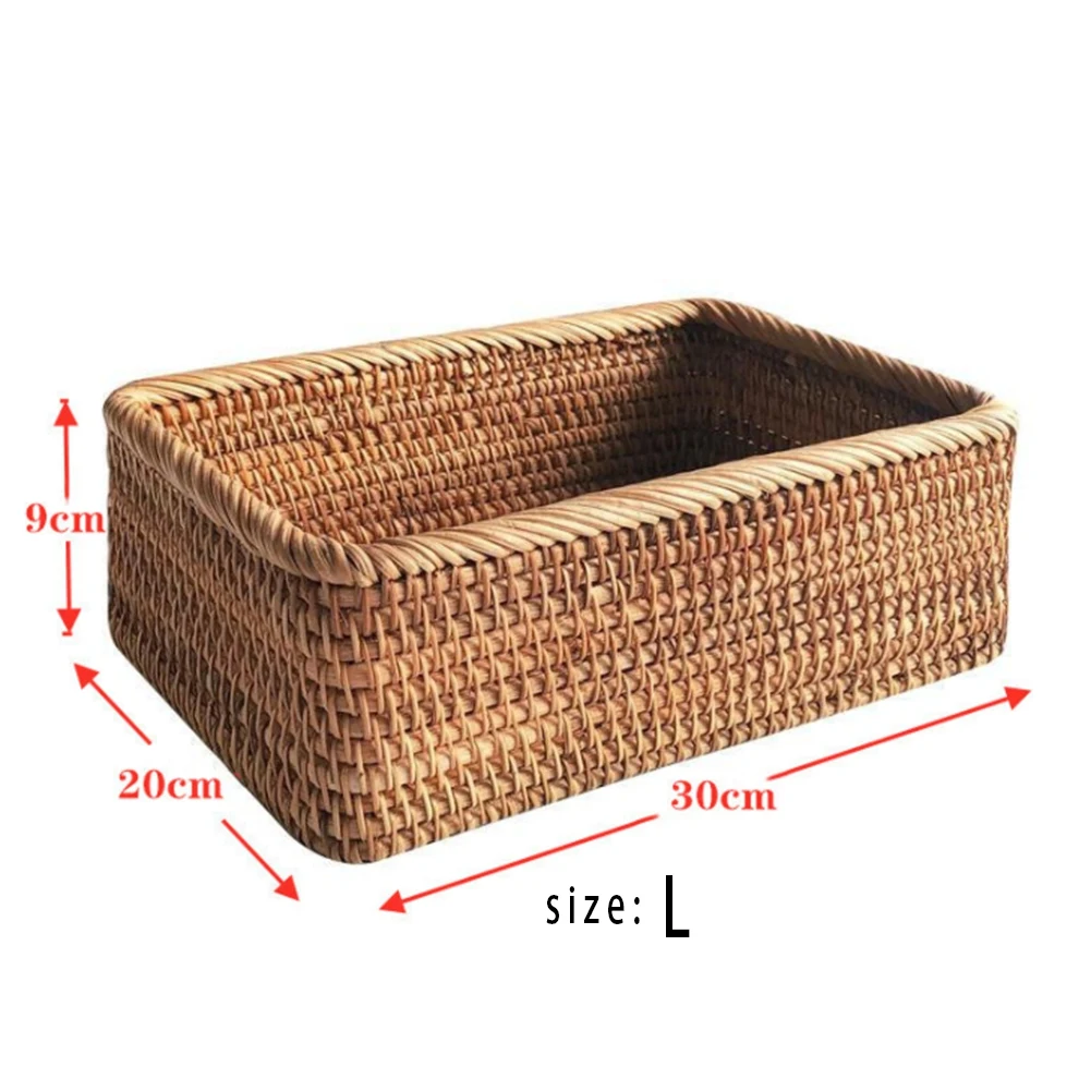 Hand-Woven Rectangular Rattan Wicker Basket Fruit Tea Snack Bread Picnic Cosmetic Storage Box Kitchen Household Tools-L
