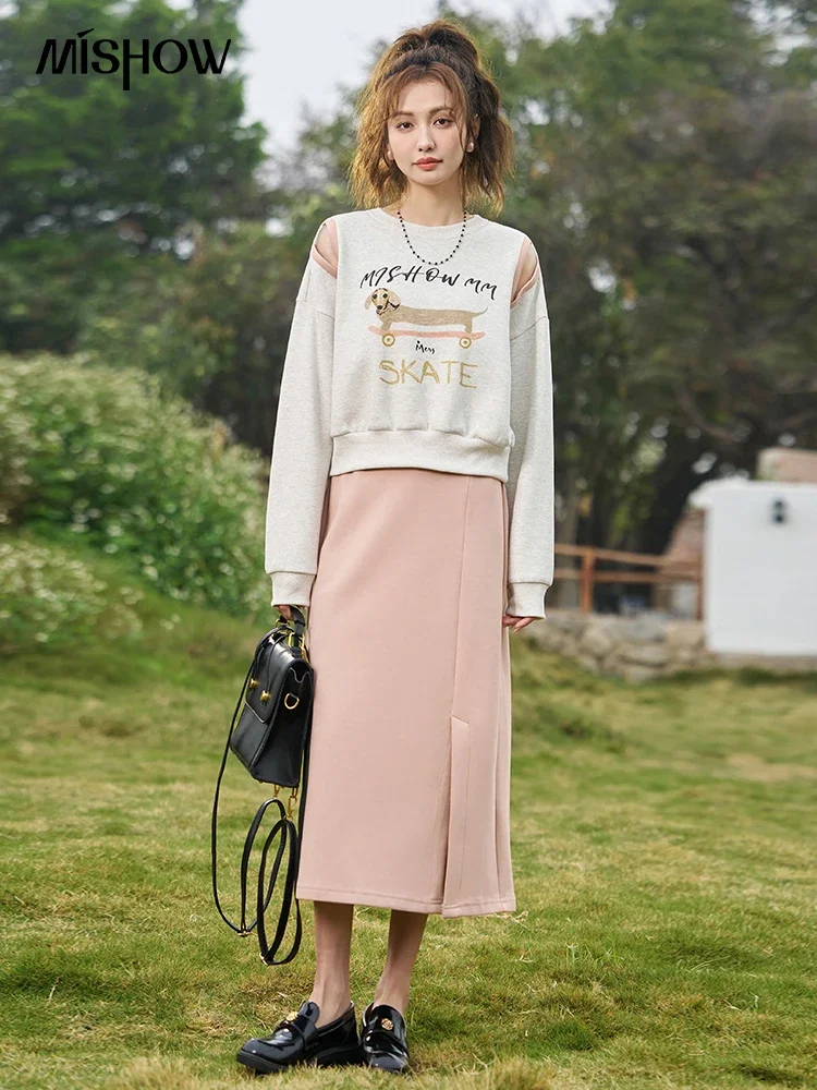 MISHOW Hoodies Skirt Set Separately Spring 2024 Casual Shoulders Contrast Hollow O Neck Top Elastic Wais A-line Skirt MXD13V0081