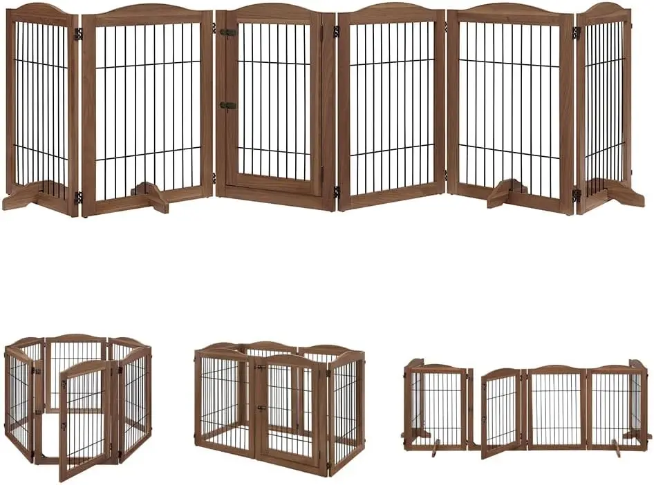 Freestanding Pet Playpen Wooden Wire Dog Gate With Walk Through Door Support Feet Extra Wide Foldable Stairs Barrier Exercise Pen For Dogs Cats Indoor Safety Fence Enclosure Espresso