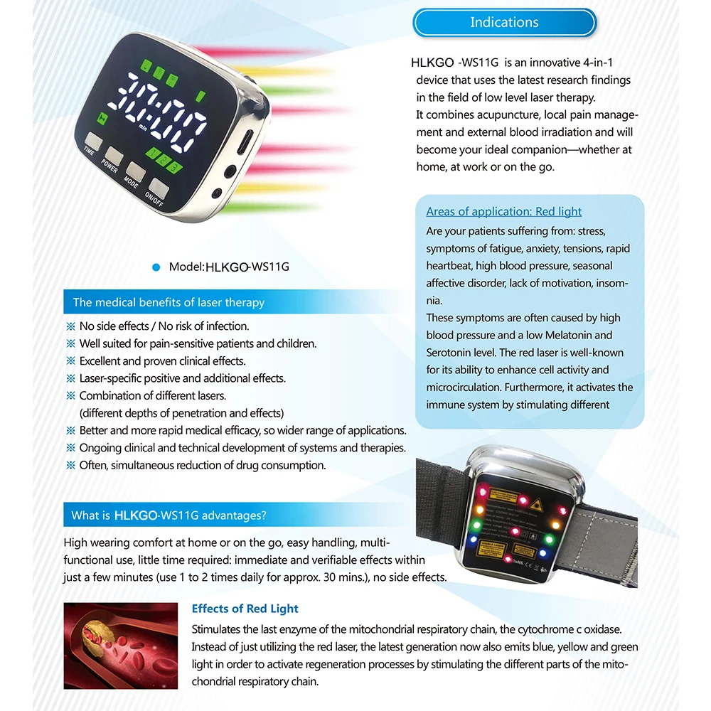 Diodo 650nm laser lllt fisioterapia terapia relógio para diabetes colesterol hipertensão trombose cerebral