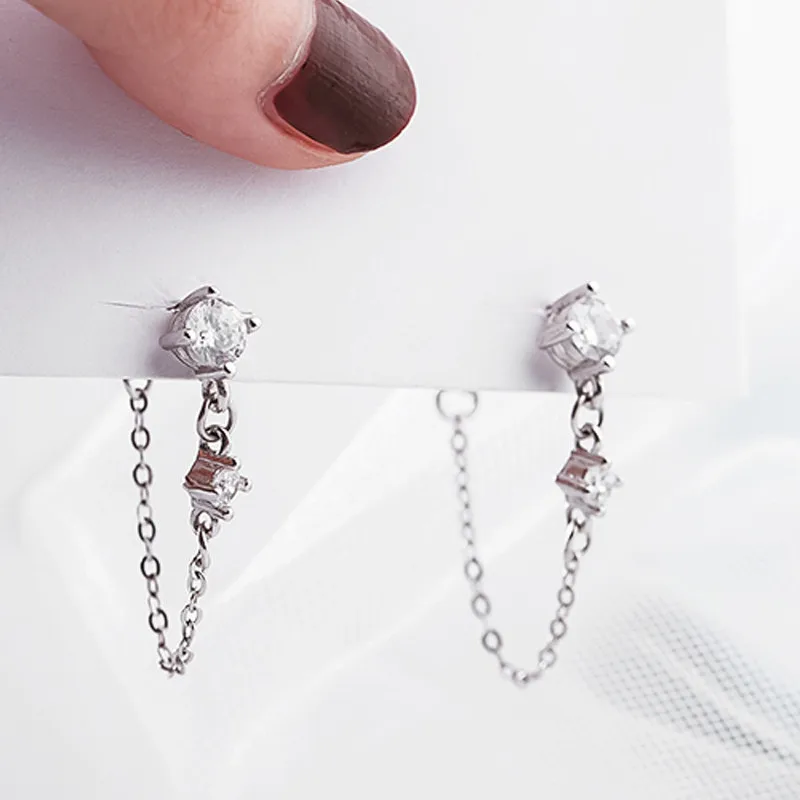 925 Silver Plated Hypoallergenic Tassel Chain Crystal Bead Stud Earrings For Women Sweet Party Jewelry pendientes E146