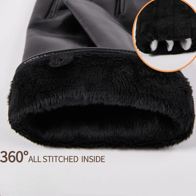 Men's Genuine Goatskin Leather Touch Screen Gloves, Plush Lining, Thickened, Windproof, Warmth, Double Needle, Back Ribs, Winter