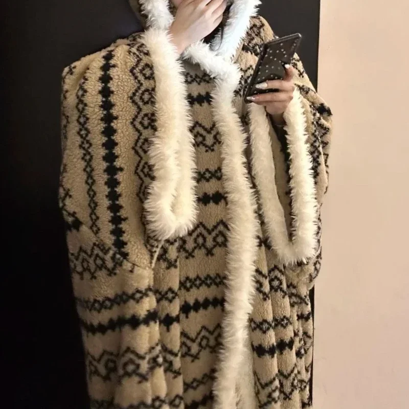 Striped Coral Fleece Pajamas Women's 25 New Winter Hooded Robe Nightgown Fleece Thickened Loungewear Set