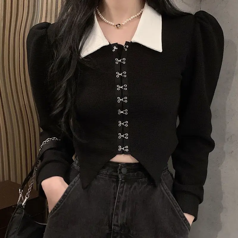 MEXZT Women Irregular Puff Sleeve Cropped T-Shirt Spring Korean Turn-down Collar Y2k Tops Casual Slim All-match Vitage Clothes