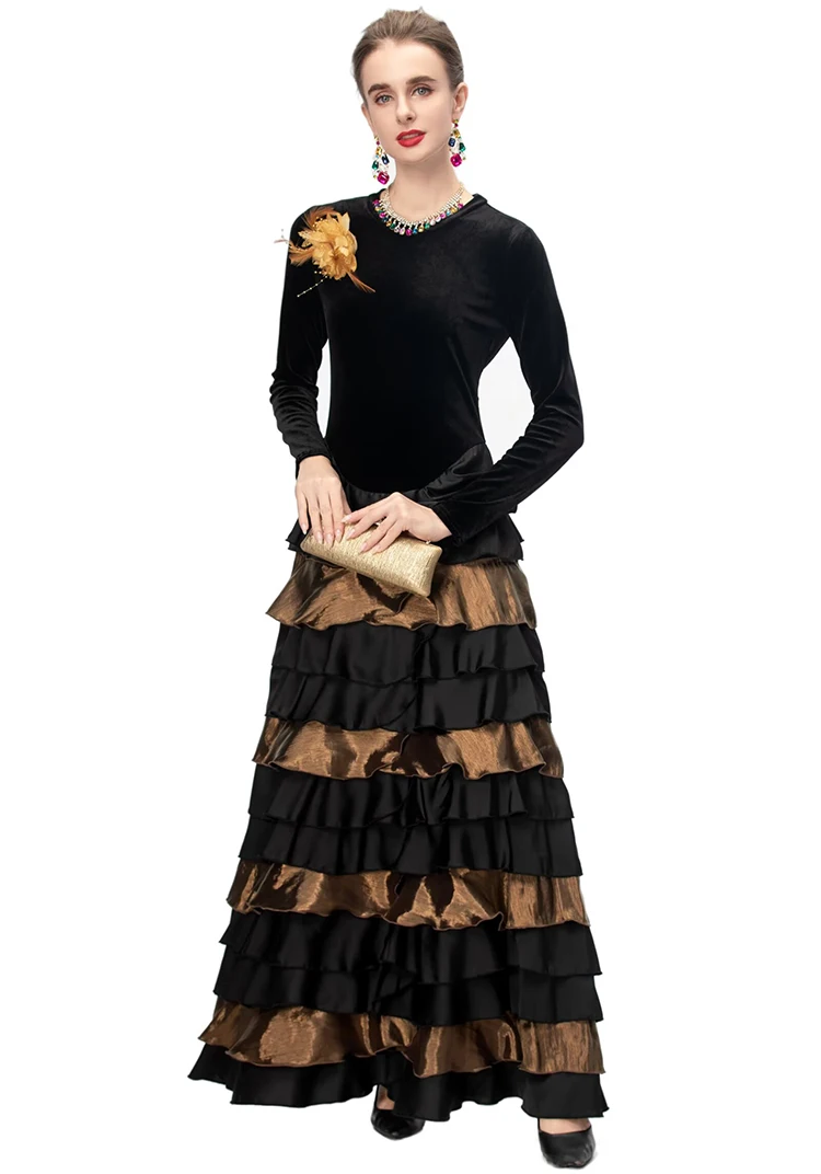 Dldenghan feminino veludo retalhos em camadas babados o pescoço manga longa maxi vestido vintage bolo estilo vestidos outono feminino