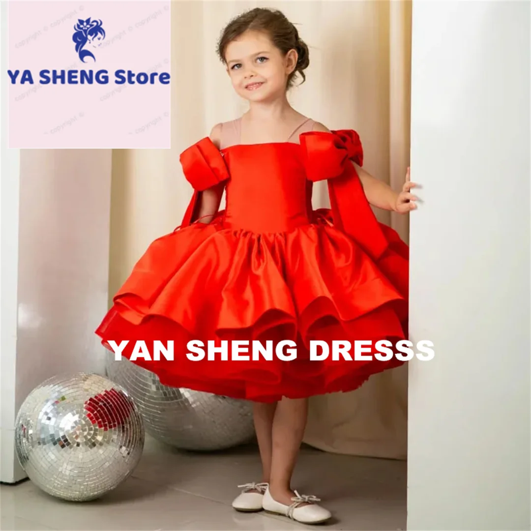 Customized Red Satin Flower Girl Dress with Puffy Bow Shoulder Sleeveless Design for Wedding Birthday Party Banquet Princess